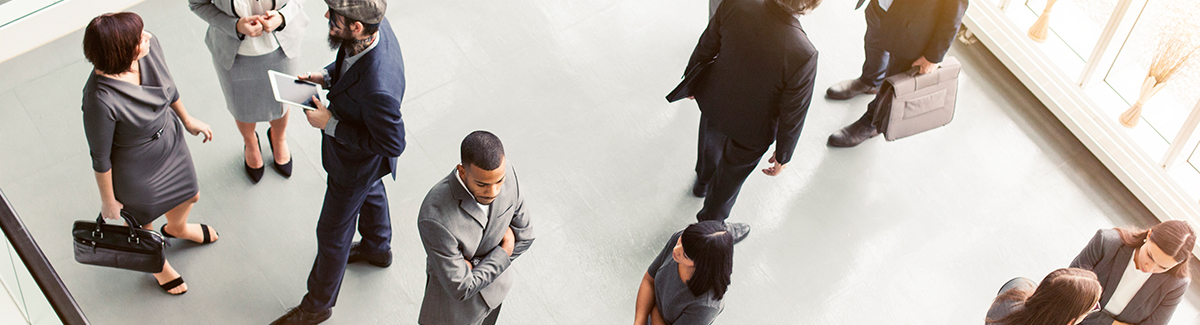 business people in lobby view from above